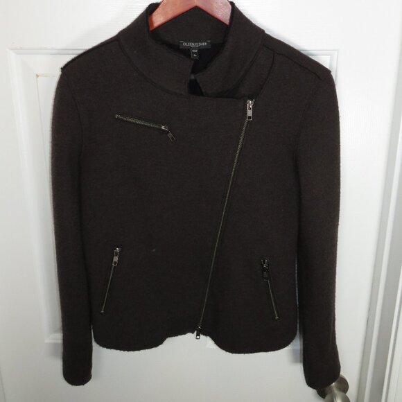 Eileen Fisher Boiled Wool Moto Jacket Asymmetric Zip Size Petite-Small - Picture 5 of 9